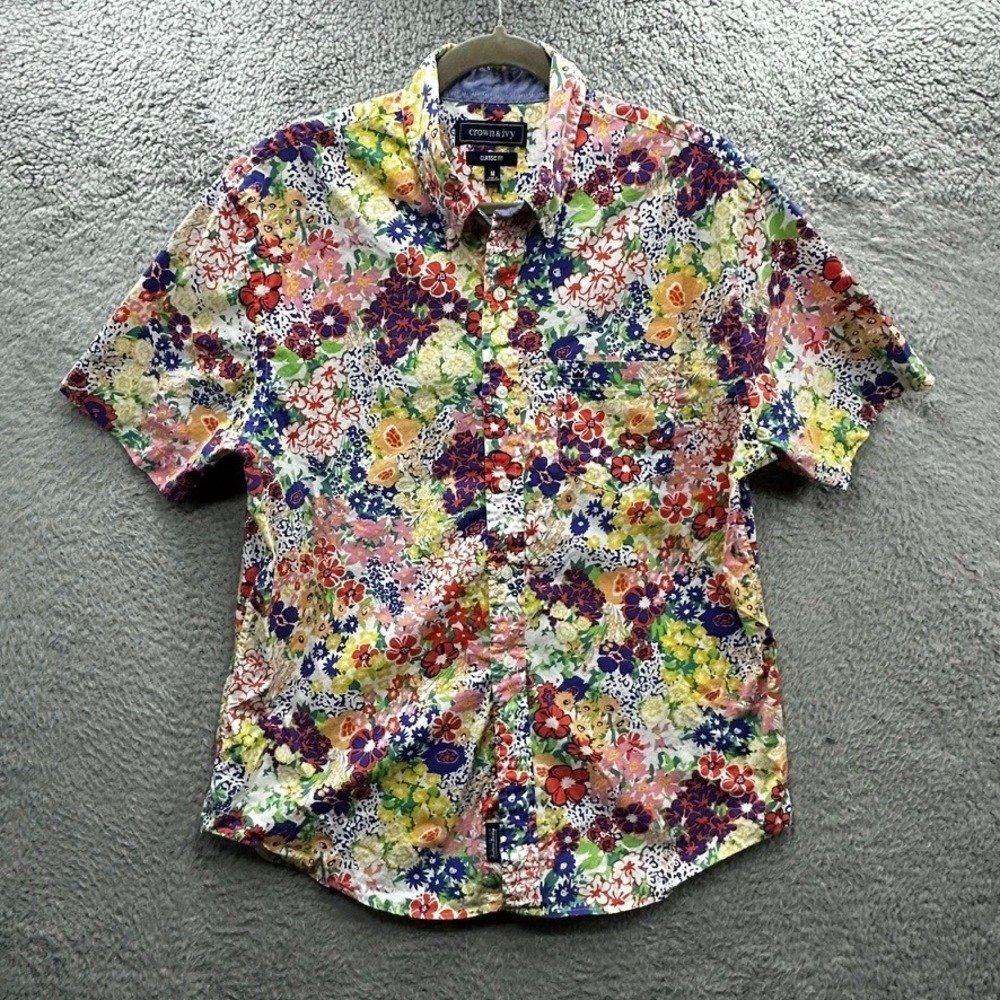 Crown & Ivy Mens Floral Button Down Shirt Short Sleeve Classic Fit Multicolor M